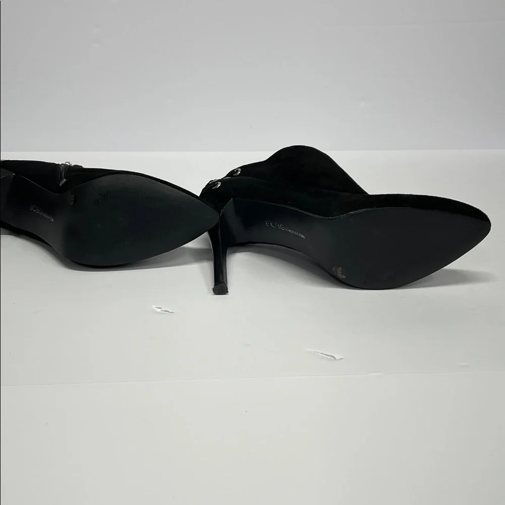 BCBGeneration black suede platform stiletto ankle booties with laceup detail